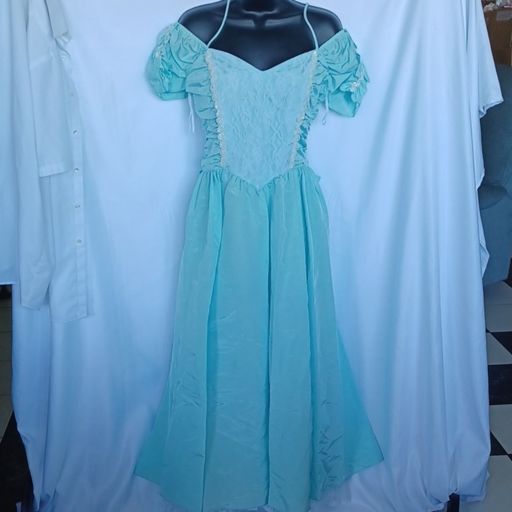 Vintage 80s Gunne Sax Pastel Formal Midi Gown Off the shoulder, sequins, lace